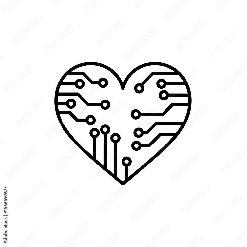 Poster a heart shaped outline filled with a circuit board design on a white background in a minimalist styl