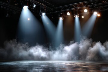 An inviting stage awaits, illuminated by bright spotlights shining through a cloud of fog on the floor.