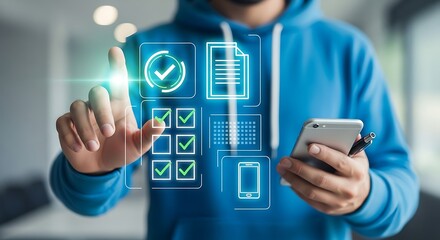 A bright blue hoodie clad man interacts with glowing digital checklist icons on a modern device holding a sleek silver