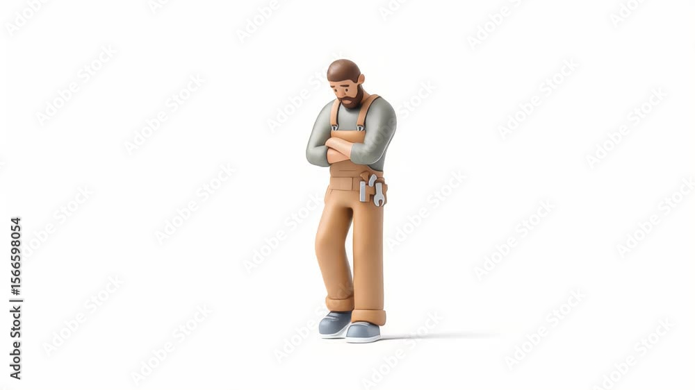 Poster sad mechanic walks: 3d animated loop of a discouraged worker