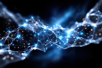 Abstract network of glowing blue particles illustrating digital connectivity in a dark space