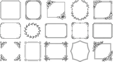 Set of Decorative Floral Frame and Border Vectors – Hand-Drawn Line Art Design Elements for Invitations and Cards