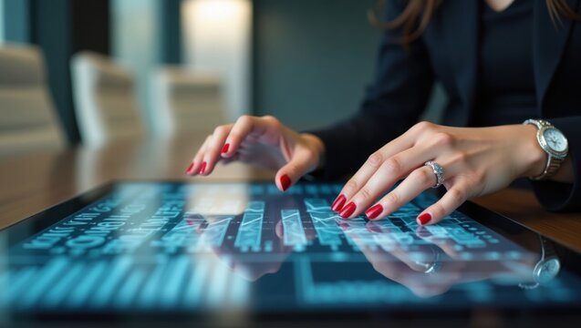 Manos de una mujer ejecutiva analizando gr&aacute;ficos de crecimiento digital en una pantalla transparente en una moderna sala de conferencias de negocios