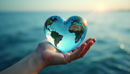Hand holds heart shaped earth globe