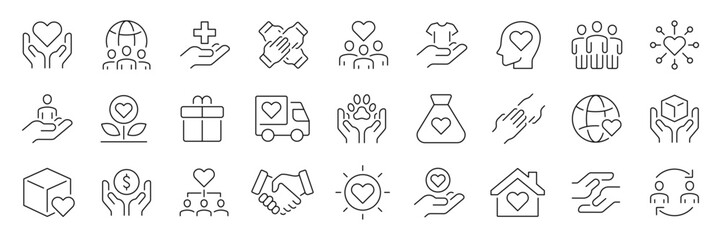 Volunteering thin line icons set. Volunteer, donation, help icon. Editable stroke. Vector