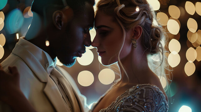 Interracial Couple Dancing in Love at Wedding Celebration – Bride and Groom Moment image - Powered by Adobe