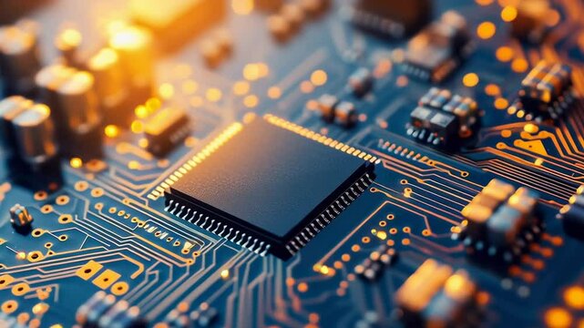 A close up of a computer chip with a yellow glow. The chip is surrounded by a blue background