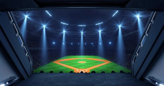 Entrance to a floodlit sports stadium full of cheering fans with an baseball field before a league match. Professional sports 4k video for advertisement background.