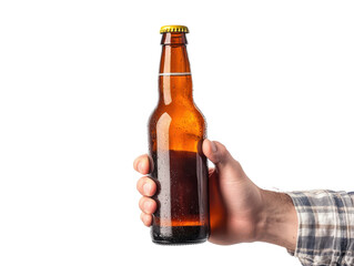Hand holding amber beer bottle with condensation isolated on a transparent background