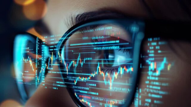 A woman is looking at a computer screen with a lot of numbers and graphs. Concept of focus and concentration as the woman stares at the screen