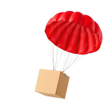 Plain cardboard box tied to a parachute isolated on transparent background