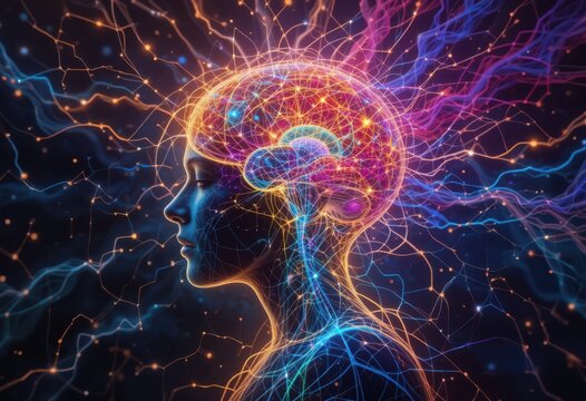 V&iacute;as neuronales entrelazadas con colores on&iacute;ricos que iluminan el crecimiento emocional y el florecimiento de la identidad digital hiperconectada