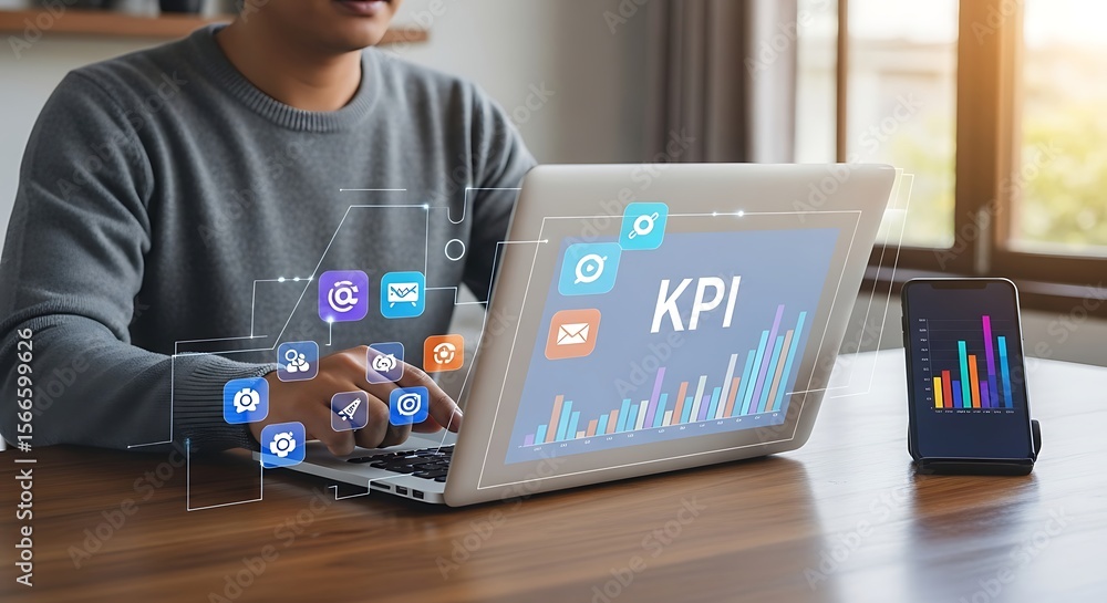 Poster modern man analyses kpi charts on laptop amidst soft light digital icons float above a glossy desk s