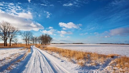 open field stretches through a wintry landscape bare trees line the horizon under a vibrant blue sky dotted with fluffy clouds a dirt road winds through patches of snow and dry grass