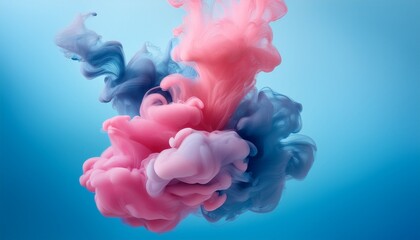 abstract swirls of pink and blue ink in water cloud like shapes contrasting colors on a light blue backdrop