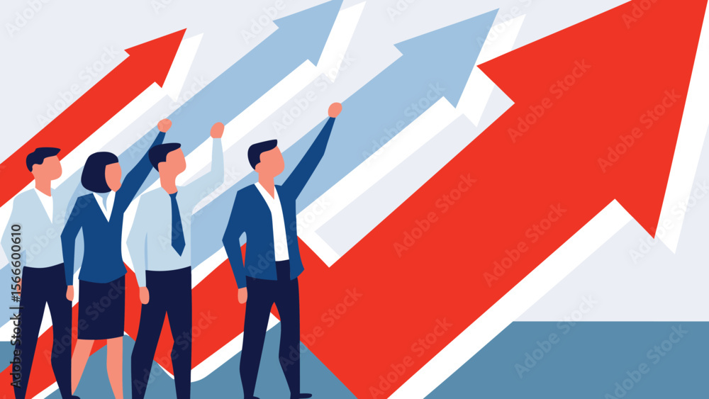 Aufkleber team reaching for success with red and white arrows pointing upwards in a business setting view