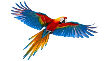 Fototapeta premium Vibrant scarlet macaw flying with extended wings and tail feathers
