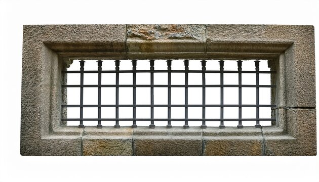 stone window frame with metal bars isolated on a white background rectangular masonry structure with vertical and horizontal iron bars