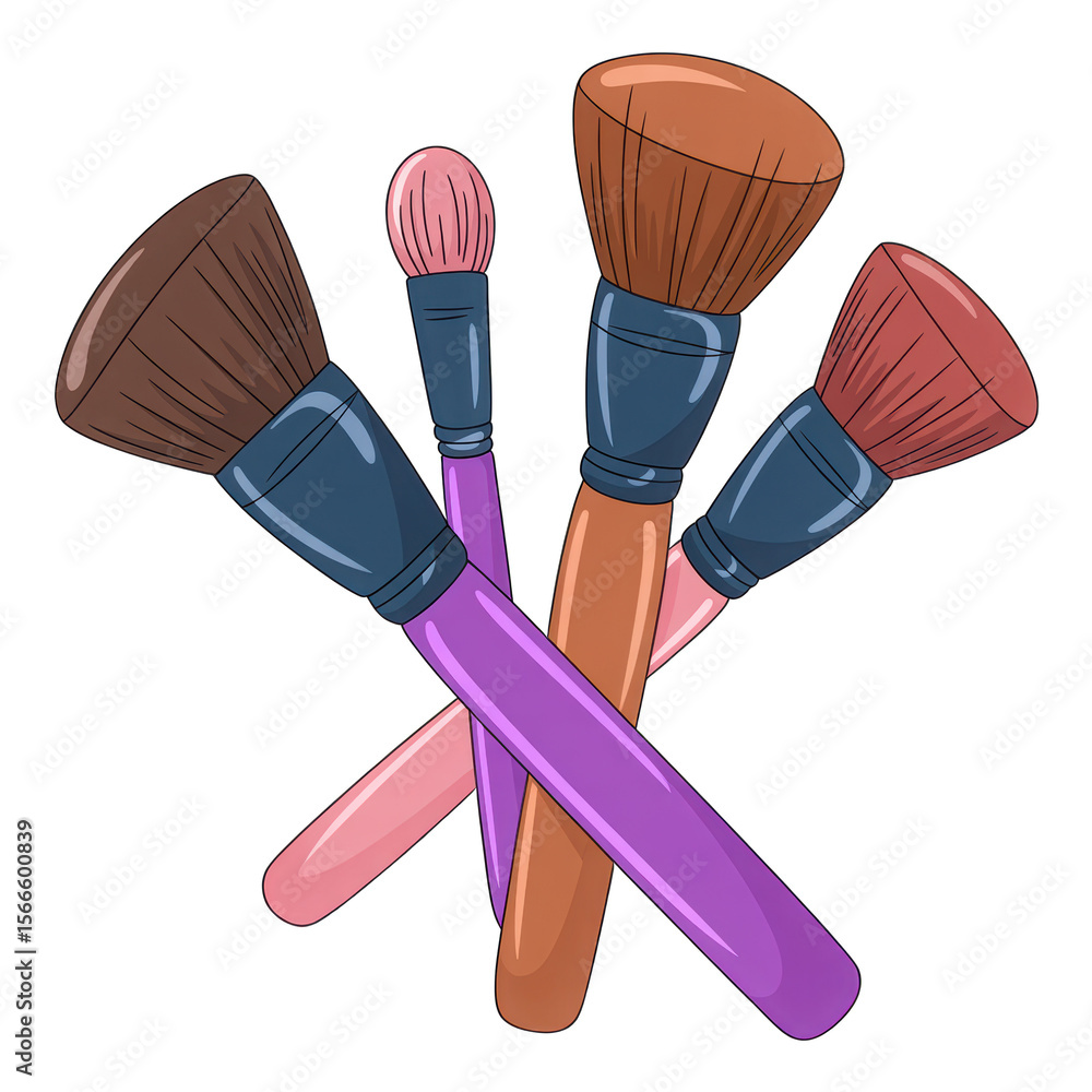 Poster a collection of four colorful makeup brushes with different bristle types and handle colors isolated