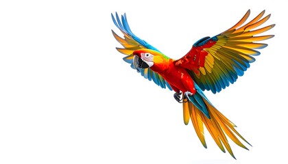 Fototapeta premium Tropical macaw bird gliding in flight with striking multicolor plumage