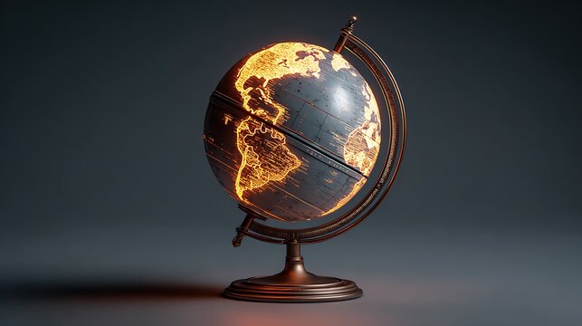 Decorative globe with illuminated continents radiates global connectedness, offering a vintage travel and exploration aesthetic for education and design.