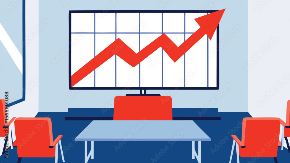 Aufkleber conference room with table chairs and a large screen showing an upward trending red arrow graph char
