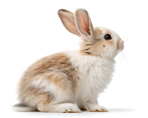 Fototapeta premium A fluffy rabbit with brown and white fur sitting upright on a white background in a studio setting