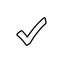 A simple black and white image of a check mark with thick outlines on a white background space