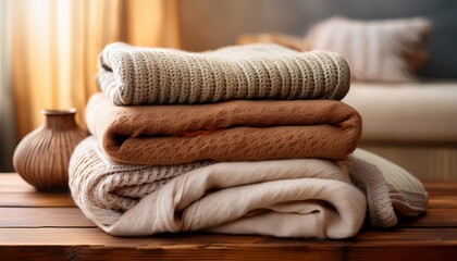 soft stacked blankets in warm neutral tones on a wooden board