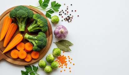 Broccoli, carrots, and herbs are served fresh on a wooden cutting board with a white background.