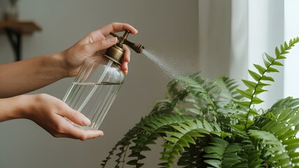 Nontoxic care of indoor plants, woman spraying a fern with a nontoxic solution