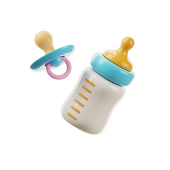 Cute 3d rendered baby bottle and pacifier with blue and orange accents isolated on transparent background