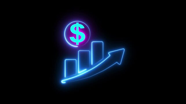 neon glowing business graph and dollar animation. Animated glowing red neon financial growth and dollar sign on black background.
