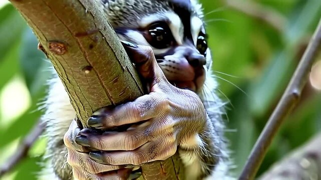 Close-up portrait of a cute squirrel monkey sitting on a tree branch in the jungle, looking around with small black eyes 4k animal video footage