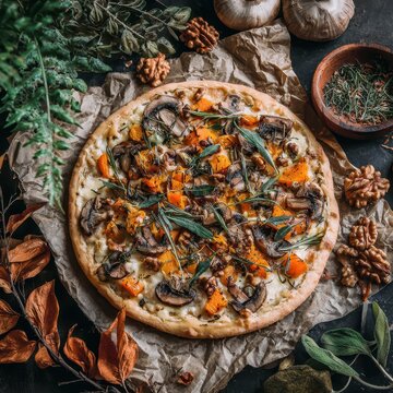 Pizza with seasonal vegetables like butternut squash and mushrooms, surrounded by fall decor