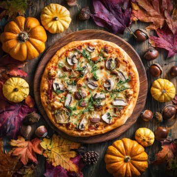 Pizza surrounded by colorful autumn leaves, chestnuts and small pumpkins