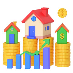Cartoon houses atop stacks of coins, with upward trend graphs and dollar signs