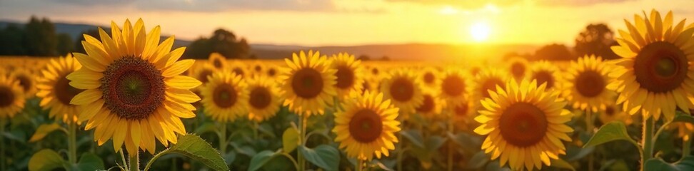 Golden hour sunlight bathes a field of ripe sunflowers, their heavy heads bowing under the summer sun A quintessential image of summer abundance and warmth , blossom, august