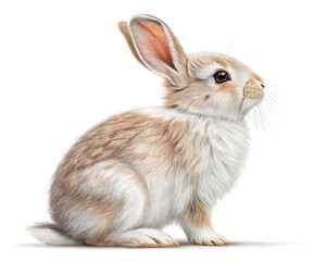 Obraz premium A light brown and white rabbit sitting upright with its ears perked up on a white background