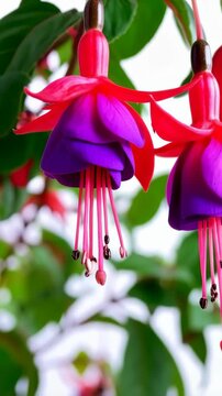 Vibrant close up capturing the detail of fuchsia flowers with their red sepals and purple petals suspended against soft focus green leaves.