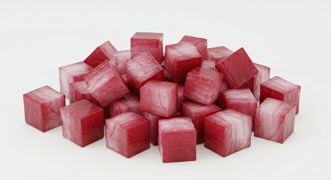 Pile of red textured cubes creating abstract geometric arrangement