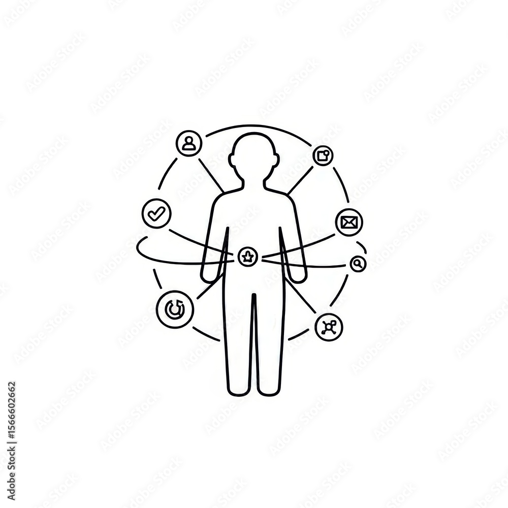 Aufkleber outline of a person surrounded by various circular icons connected by lines in a white background