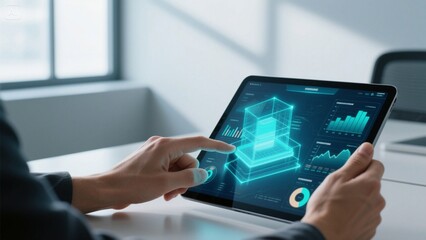  dashboard interface, analytics, stock market data, infographic, futuristic, digital technology, graphs, charts, hands interacting with touchscreen, modern workspace, cinematic lighting,