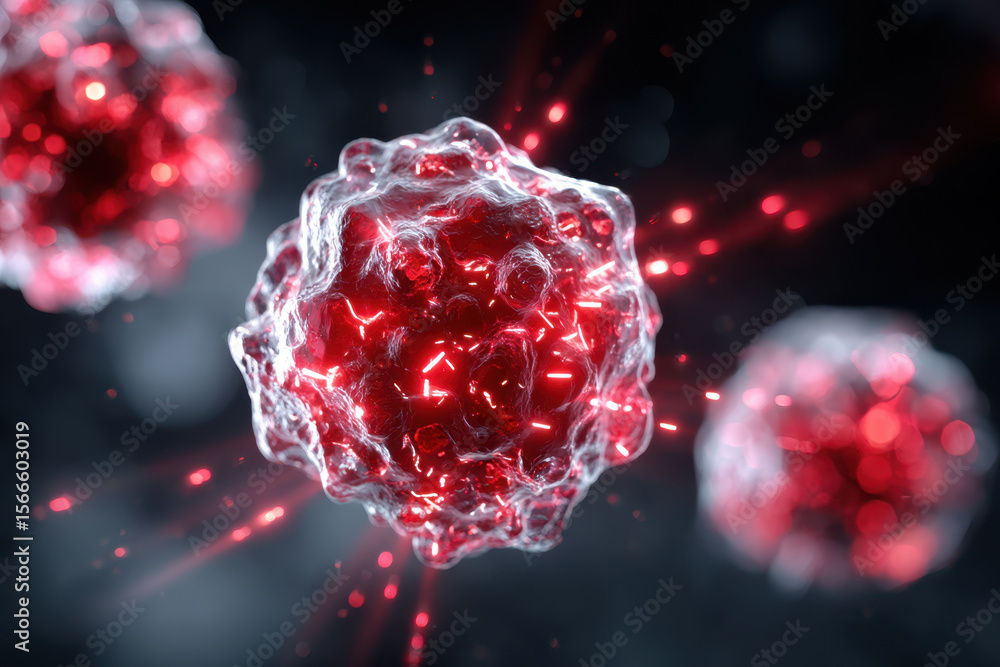 Aufkleber close-up view of red virus particles against a dark background with glowing features