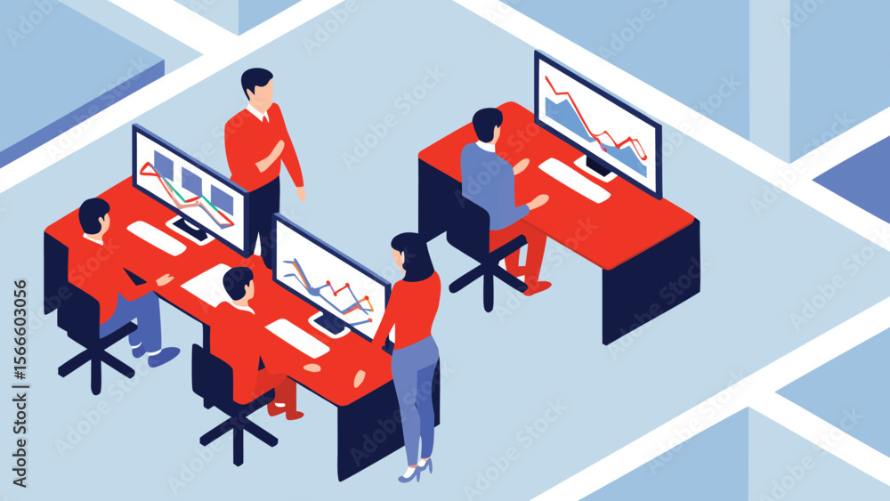 Poster isometric view of office space with employees analyzing data on computer screens in red and blue col