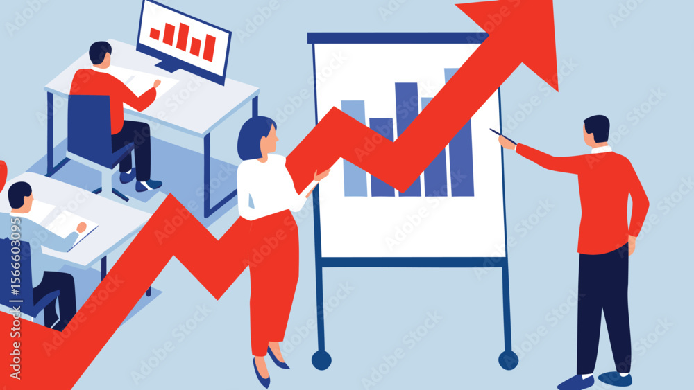 Aufkleber people in office setting with rising arrow and bar graph showing business growth and presentation