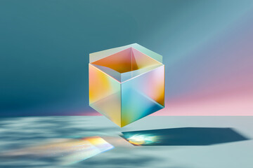 Colorful geometric cube floating in a soft gradient background, showcasing reflections and shadows