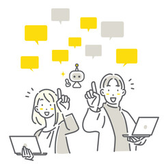 AIを効率的に活用する若いビジネスパーソン　シンプルでお洒落な線画イラスト