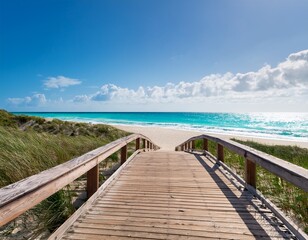 sun drenched wooden boardwalk stretches along a pristine sandy beach turquoise waves gently lapping the shore perfect for summer vacation coastal living and relaxation themes beach coast