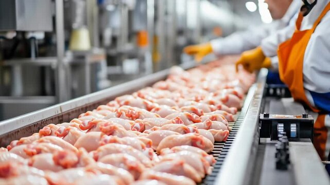 A line of chicken is being processed in a factory. The workers are wearing white and orange aprons